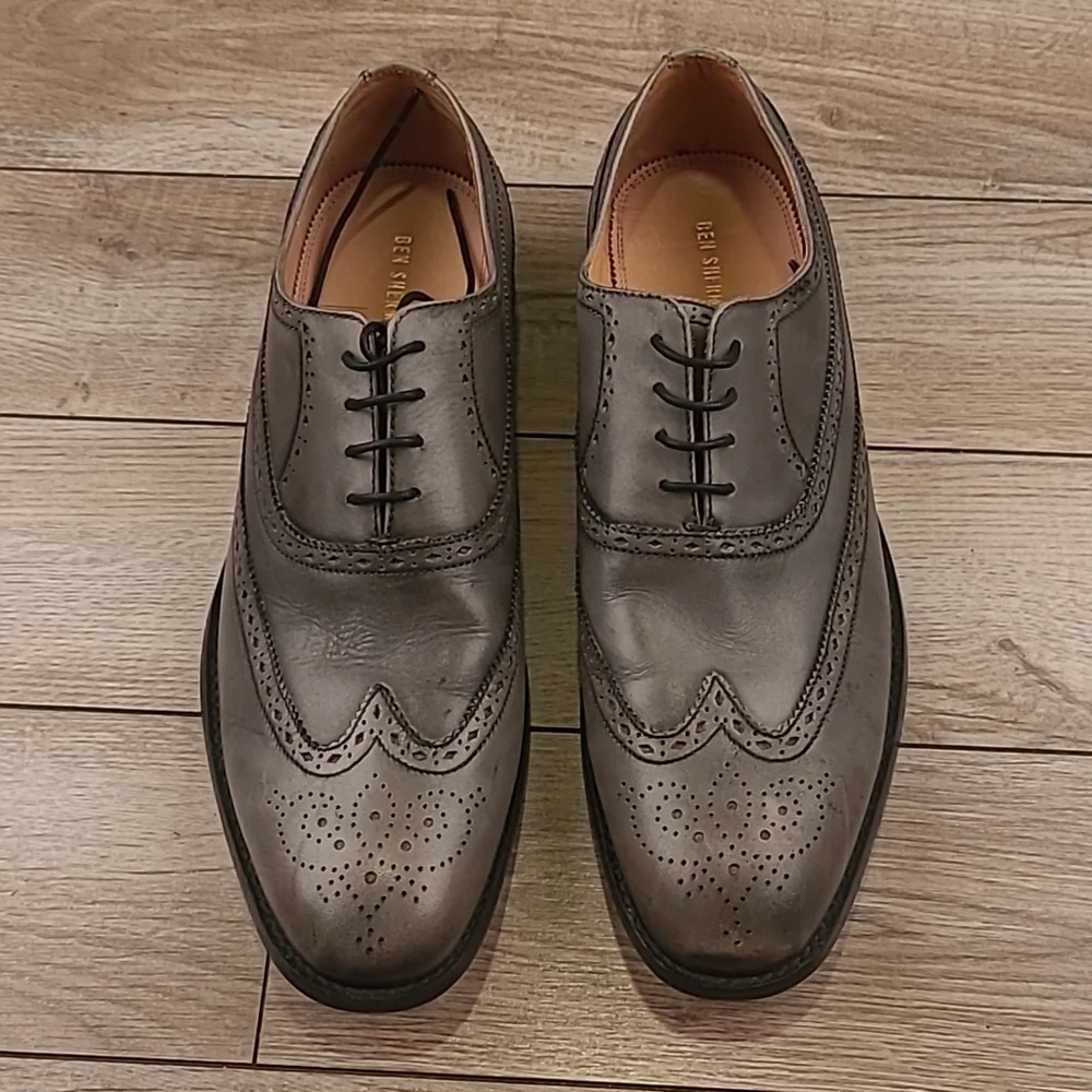 BEN SHERMAN Henry Grey Leather Classy Sz 11 Mens Long‎ Wing Tip Shoes